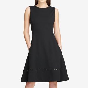 DKNY Black Studded Fit & Flare Crew Neck Career Dress Size 6‎